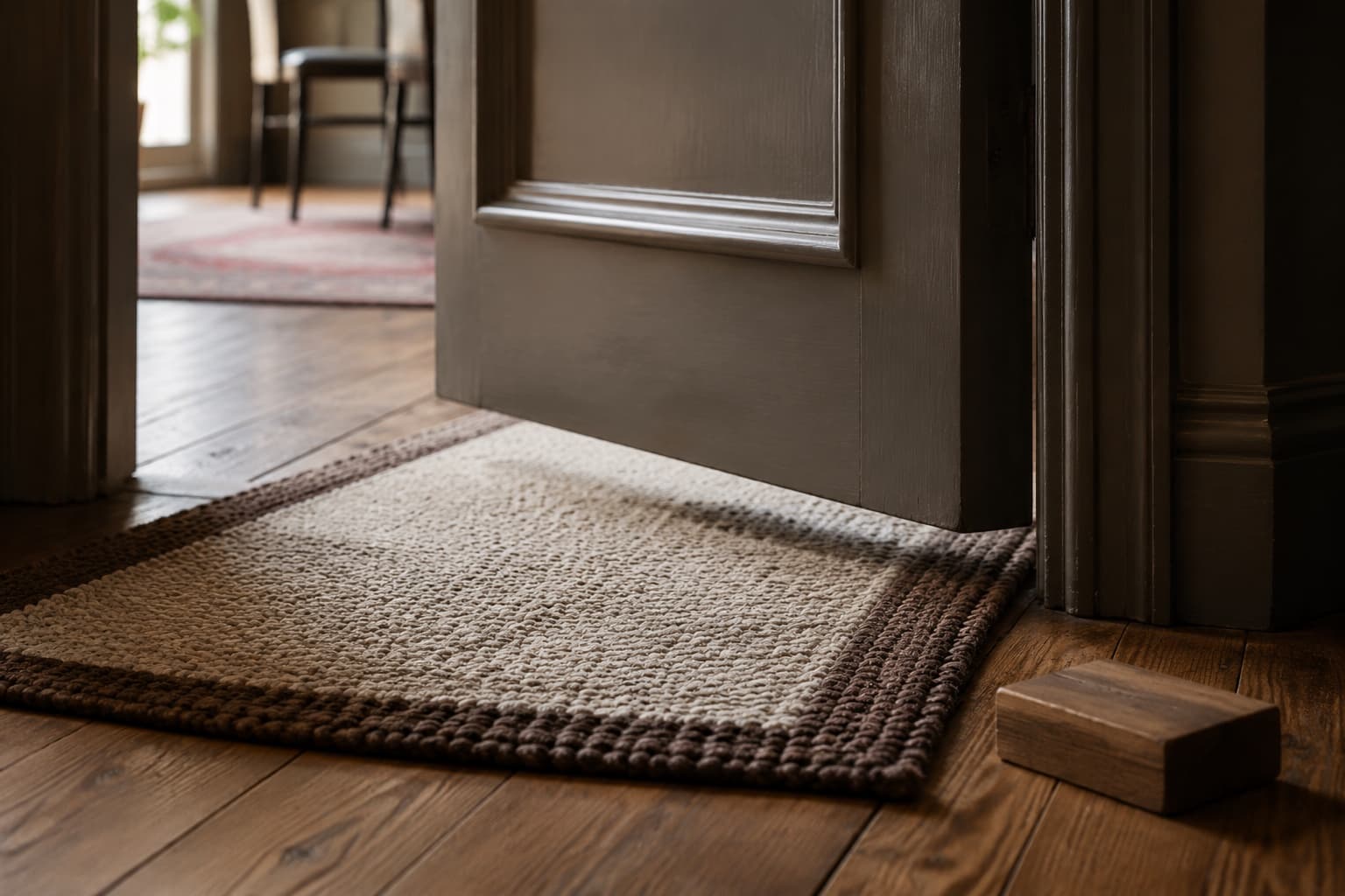 A door moving freely over a thin floor mat with a visible clearance gap