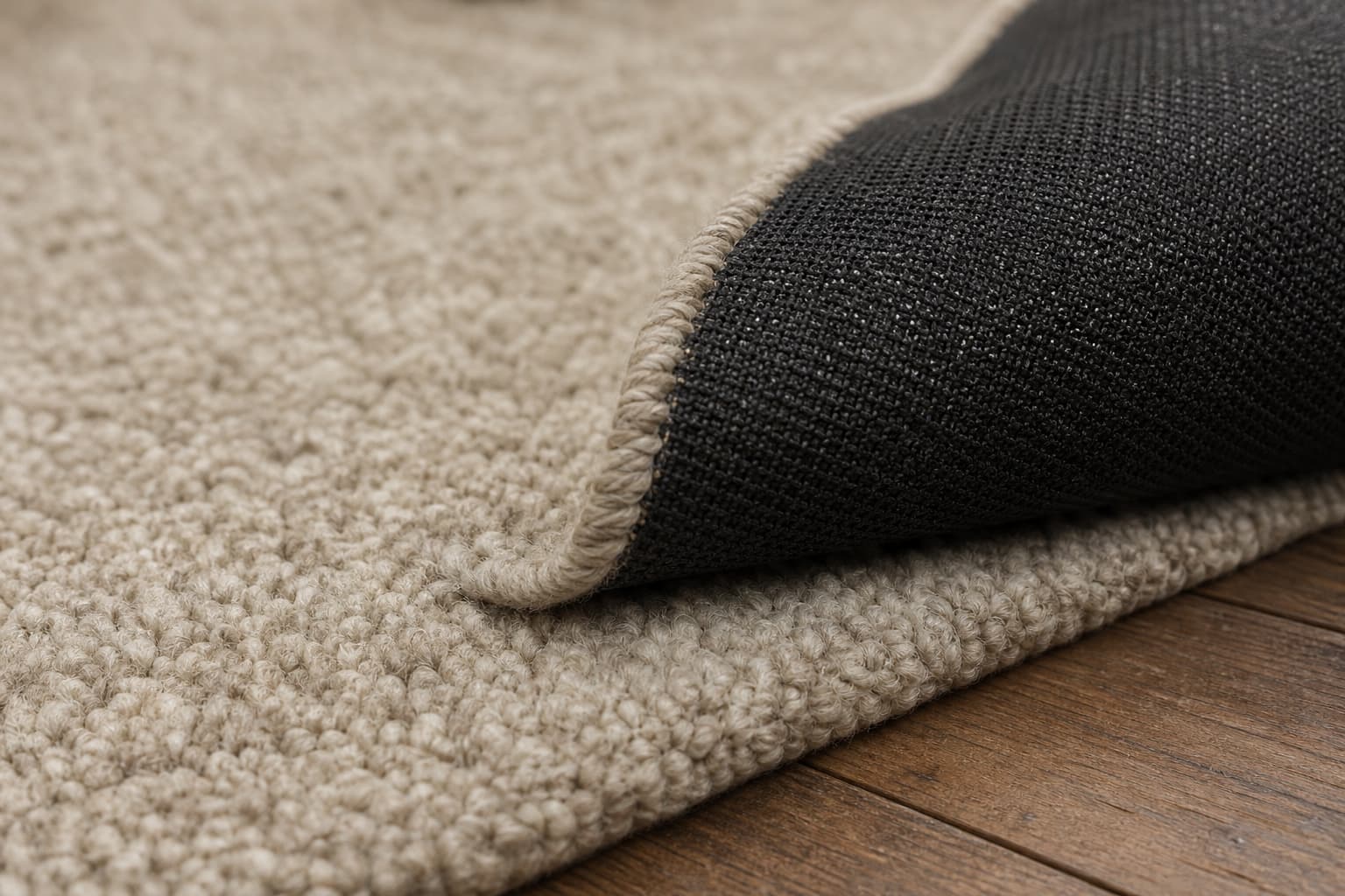 Close view of a textile pile and grip backing edge