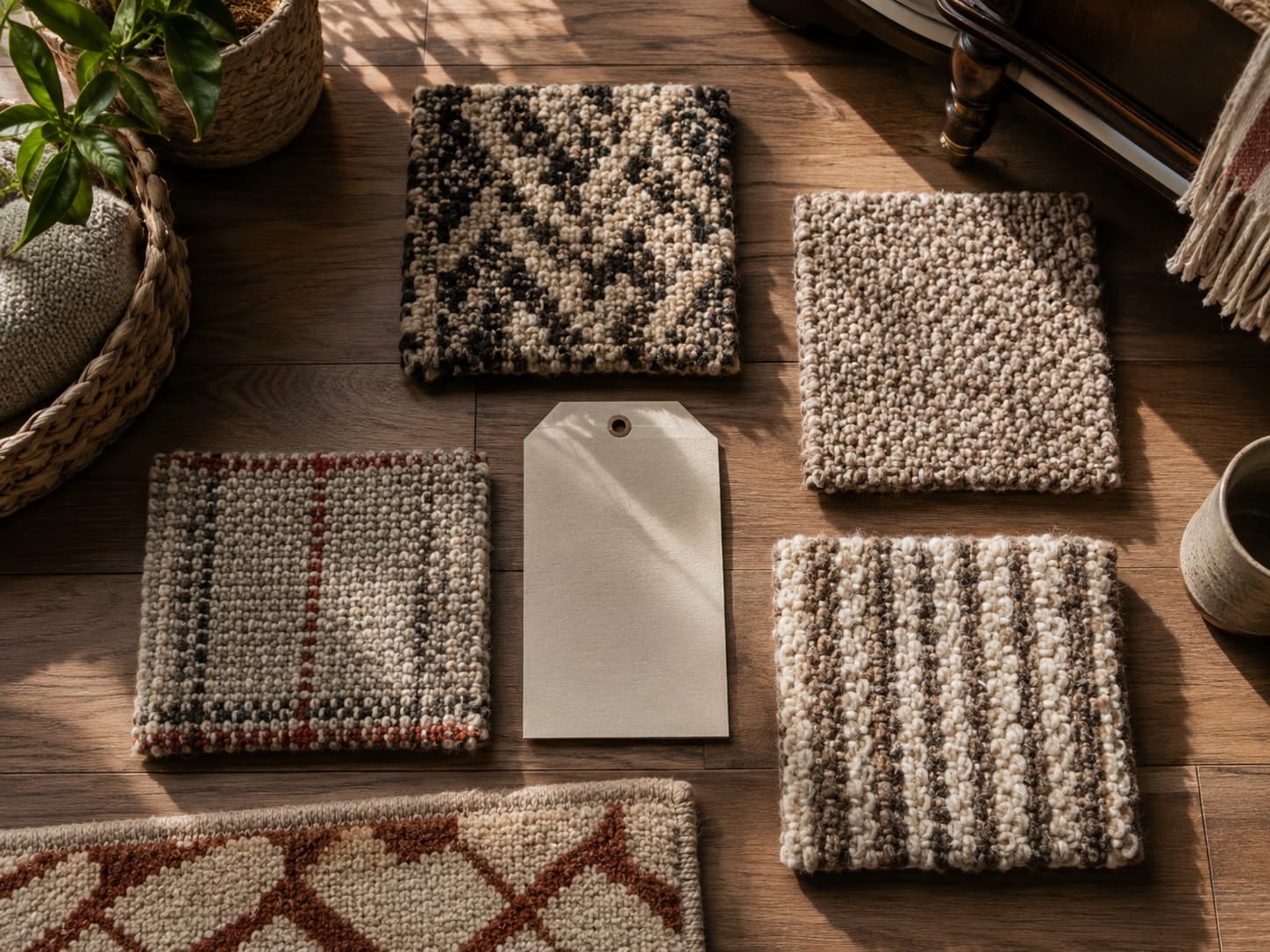Floor and material swatches arranged around a planning ticket