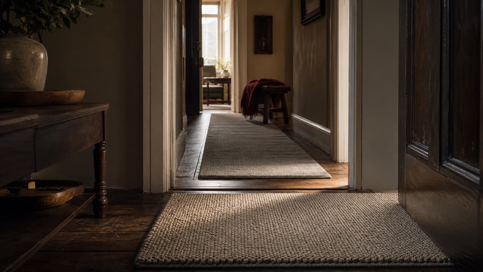 A warm entrance and hallway with an absorbent doormat and low runner rolled into place