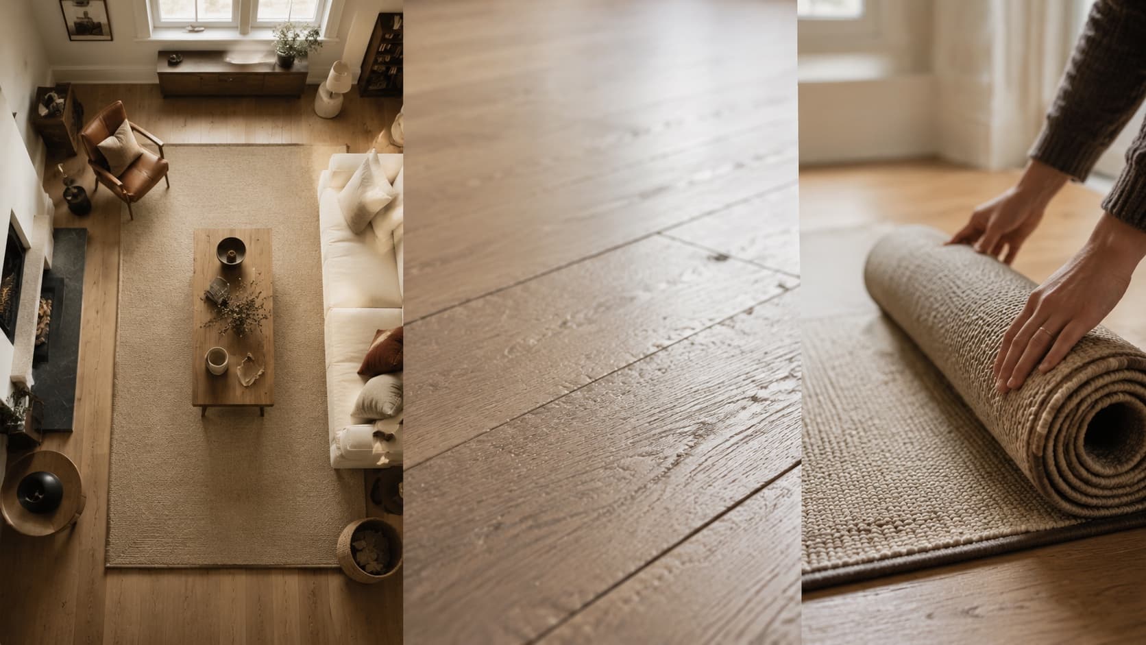A three-step floor process: choose a room, inspect the floor, and roll out a mat