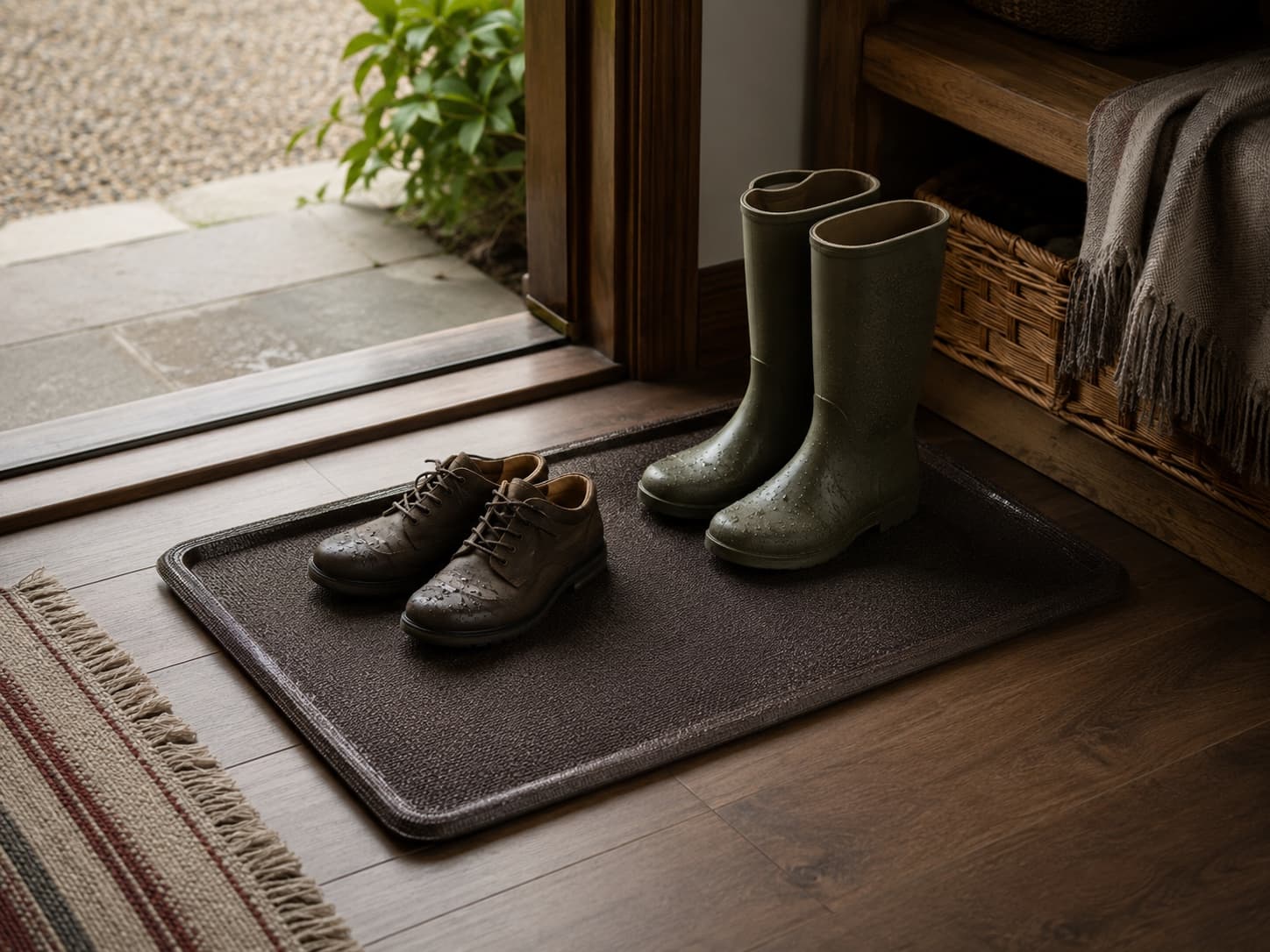 Boot & Shoe Drip Tray Mat in a warm home floor setting