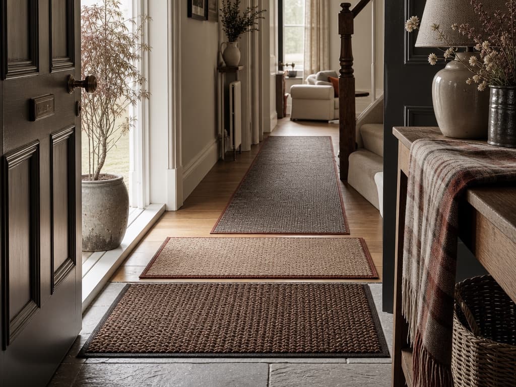 A coordinated entrance and hallway mat system for a larger shared space